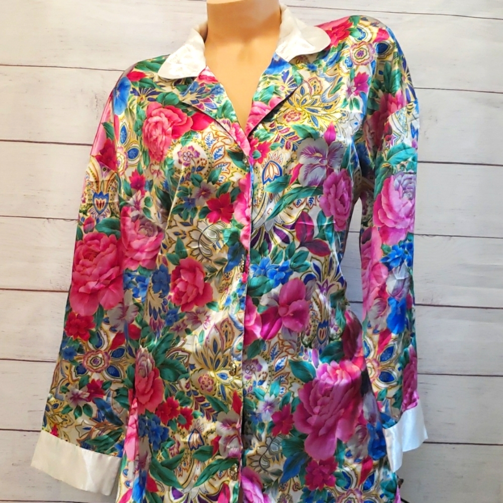 Vintage Victoria's Secret Gold Label Sleep Shirt Bright Rose Floral S